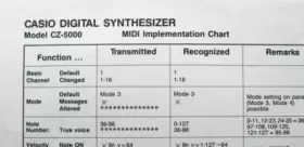 CZ5000 CASIO Midi Implementation Sheet Digital Synthesizer